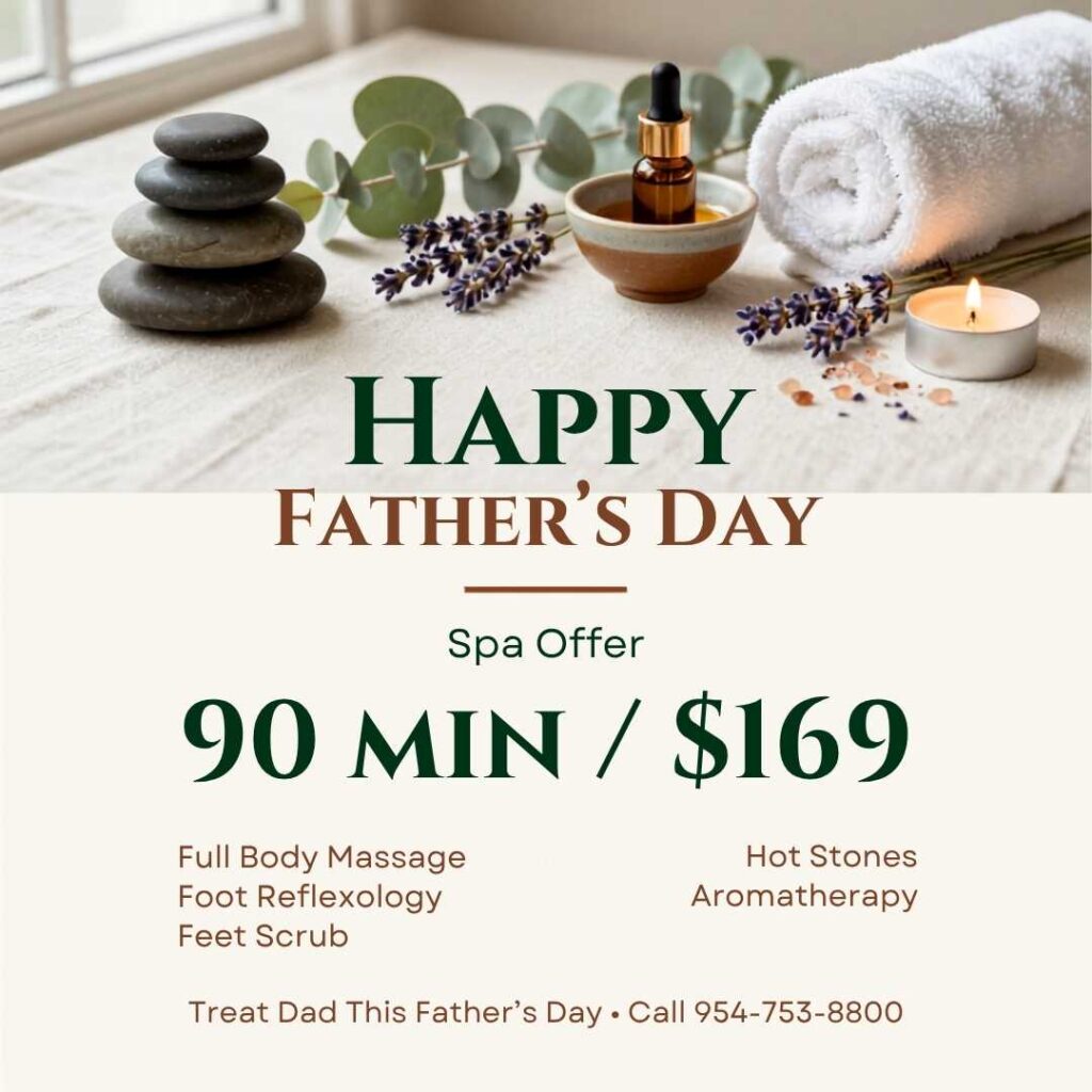 Father's Day spa offer flyer featuring spa stones, lavender, rolled towel, candle and an oil bottle; highlights 90 MIN / $169 with listed treatments.
